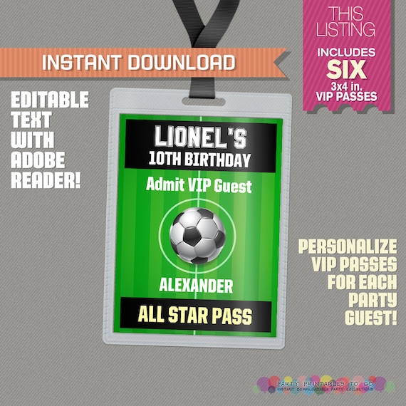 Soccer Party All Star Pass printable Insert - Soccer Birthday, Soccer Party Vip Pass - Edit and print at home with Adobe Reader Il_570xn