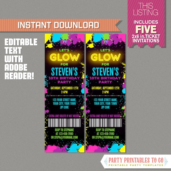 Neon Glow Party Ticket Invitation for Boys (Yellow) - INSTANT DOWNLOAD - Glow in the Dark Party - Edit and print at home with Adobe Reader Il_570xn