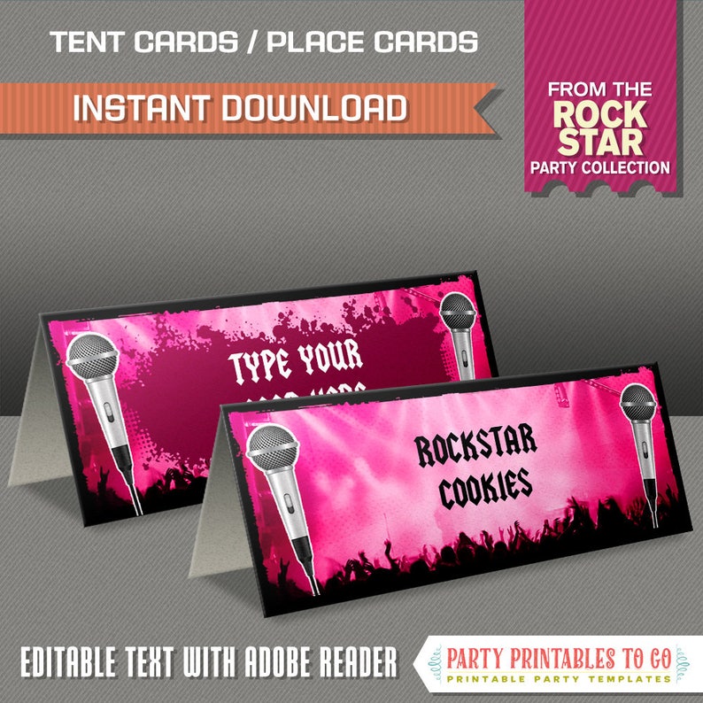 Rockstar Party Food Label / Rockstar Place Cards Pink INSTANT DOWNLOAD Rockstar Birthday Edit and print at home with Adobe Reader image 1