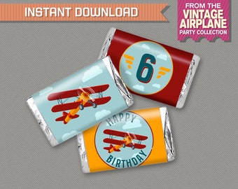 Vintage Airplane Party Mini Chocolate Wrappers - INSTANT DOWNLOAD - Airplane Birthday - Edit and print at home with Adobe Reader