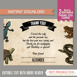 Carte de remerciement Reptile Party - TÉLÉCHARGEMENT INSTANTANÉ ! Fête des amphibiens, décoration de reptiles