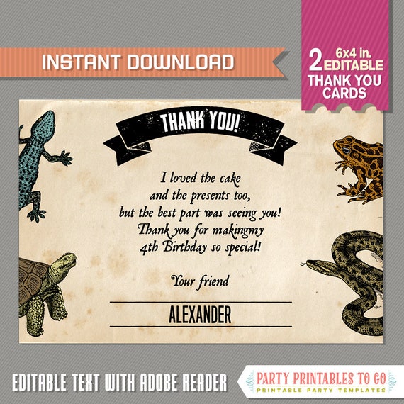 Reptile Party Thank you Card - INSTANT DOWNLOAD! Amphibians Party ...