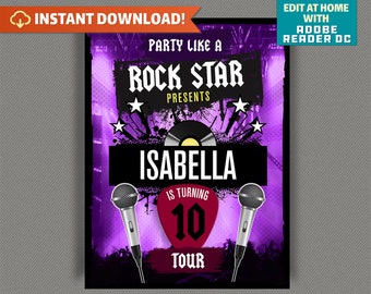 Rockstar Party Welcome Sign (Purple) - INSTANT DOWNLOAD - Rockstar Birthday - Rockstar Welcome Sign - Edit and print at home w/ Adobe Reader