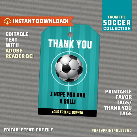 Soccer Party Favor Tag / Soccer Thank you Tag (Teal) Soccer Birthday - Soccer Party - Edit and print at home with Adobe Reader Il_570xn