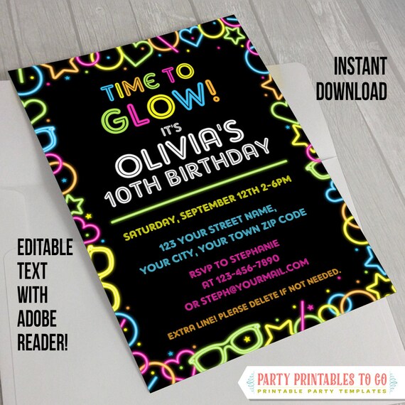 Neon Glow II Party Invitation - INSTANT DOWLOAD - Glow in the Dark Party - Edit and print at home with Adobe Reader Il_570xn
