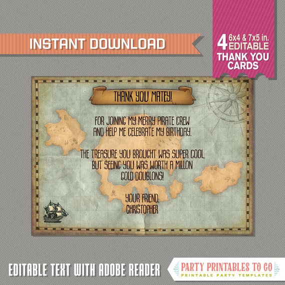 Pirate Map Party Thank You Cards - INSTANT DOWNLOAD - Treasure Map Cards - Vintage Pirate - Pirate Birthday - Edit at home with Adobe Reader Il_570xn