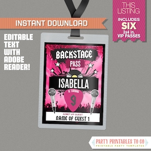 Rockstar Party Backstage Pass printable Insert v2- Rockstar Birthday VIP Pass - INSTANT DOWNLOAD! - Edit and print at home with Adobe Reader