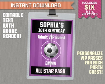 Girl Soccer Party All Star Pass printable Insert - Girl Soccer Birthday, Girl Soccer Party Vip Pass - Edit and print at home!