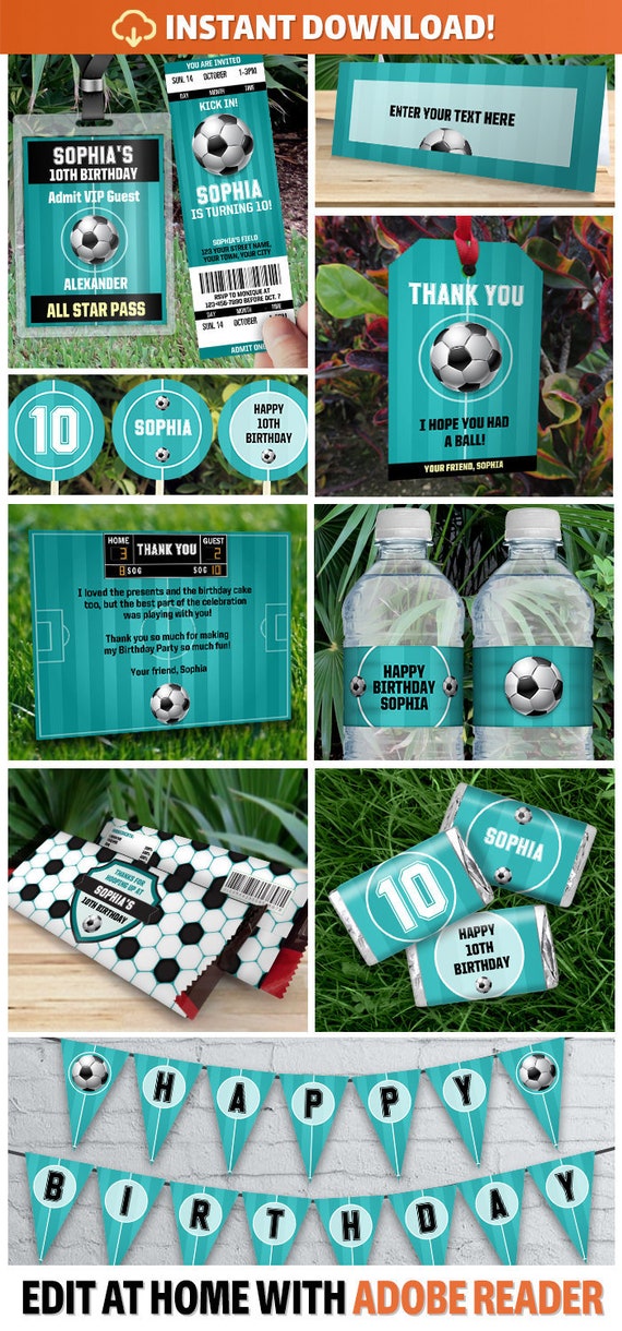 Soccer Invitation & Party Decorations (Teal) - Soccer Party - Soccer Birthday - Instant Download - EDIT and print at home using Adobe Reader Il_570xn