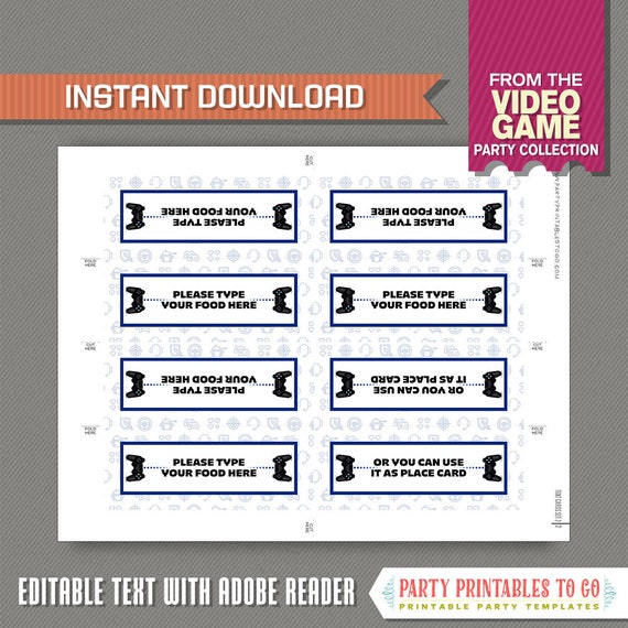 Video Game Party Food Label / Video Game Party Place Cards (Blue) INSTANT DOWNLOAD - Edit and print at home - Video Game Tent Cards
