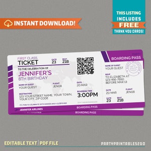Girls Airplane Boarding Pass with FREE Thank You Card Sleepover Invitation INSTANT DOWNLOAD Airplane Birthday Edit and print at home image 1