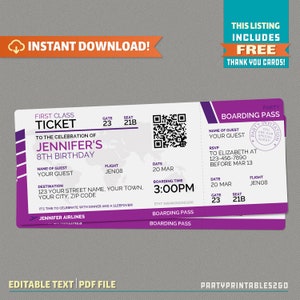 Mädchen-Flugzeug-Bordkarte mit GRATIS-Dankes-Karte - Sleepover-Einladung SOFORT-DOWNLOAD - Flugzeug-Geburtstag - Zu Hause bearbeiten und drucken