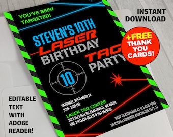 Laser Tag Invitation with FREE Thank you Card (Green) - Laser Tag Party - Instant Download - Edit and print at home with Adobe Reader