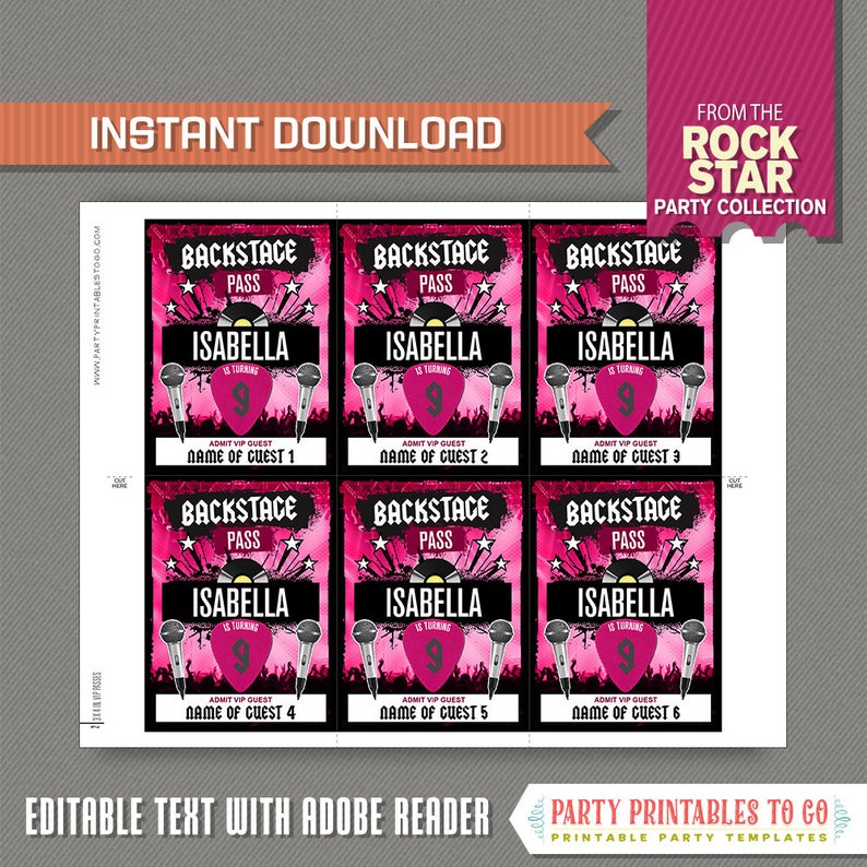 Rockstar Party Backstage Pass printable Insert Rockstar Birthday VIP Pass INSTANT DOWNLOAD Edit and print at home with Adobe Reader image 4