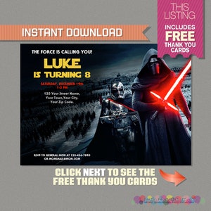 Invitation Fête Star Wars Le Réveil de la Force avec carte de remerciement GRATUITE ! - TÉLÉCHARGEMENT IMMÉDIAT - Retouchez et imprimez à la maison avec Adobe Reader Dc