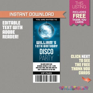 Invitation à une soirée disco avec carte de remerciement GRATUITE ! (Bleu) - Disco Invitation, Disco Birthday Invite - Modifier et imprimer avec Adobe Reader
