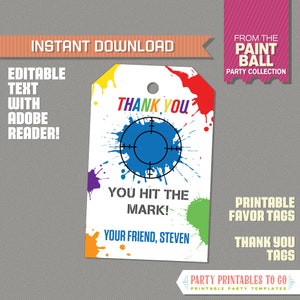 Paintball Party Favor Tags / Paintball Thank you Tag INSTANT DOWNLOAD Paintball Birthday Edit and print at home with Adobe Reader image 1