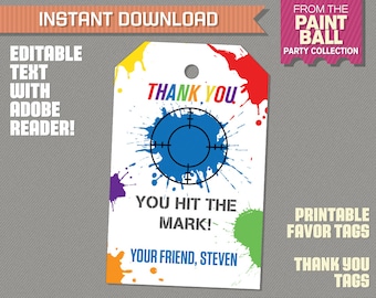 Paintball Party Favor Tags / Paintball Thank you Tag - INSTANT DOWNLOAD - Paintball Birthday - Edit and print at home with Adobe Reader