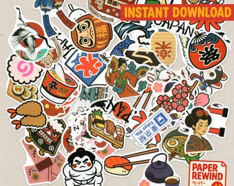 Adesivos de desenhos animados japoneses clássicos | Decoração para diários e agendas (Download digital)