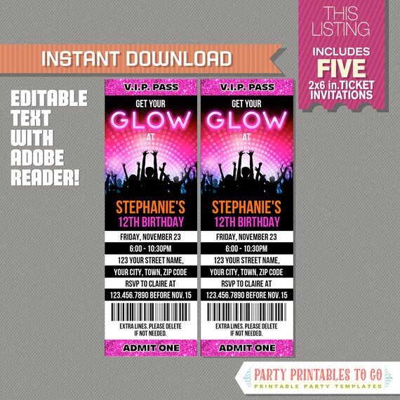 Neon Glow Party Ticket Invitation - INSTANT DOWNLOAD - Glow in the Dark Party - Edit and print at home with Adobe Reader Il_570xn