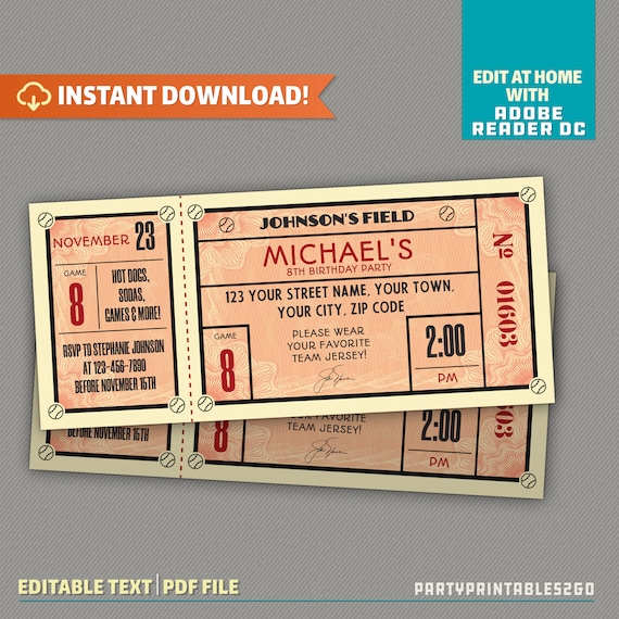 Vintage Style Baseball Party Ticket Invitation - Baseball Birthday || Instant Download - DIY Edit at home with Adobe Reader! Il_570xn