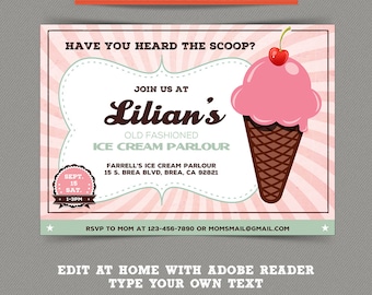 Ice Cream Parlour Party Printable Invitation - Editable PDF file - Print at home