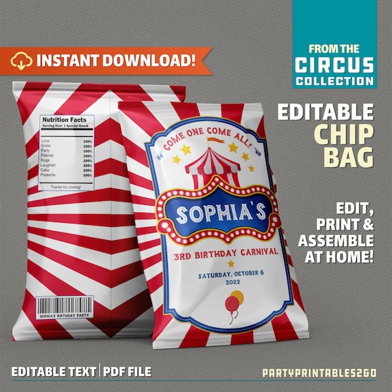 Circus Carnival Party Chip Bag - Edit and print at home with Adobe Reader - Instant Download Il_570xn
