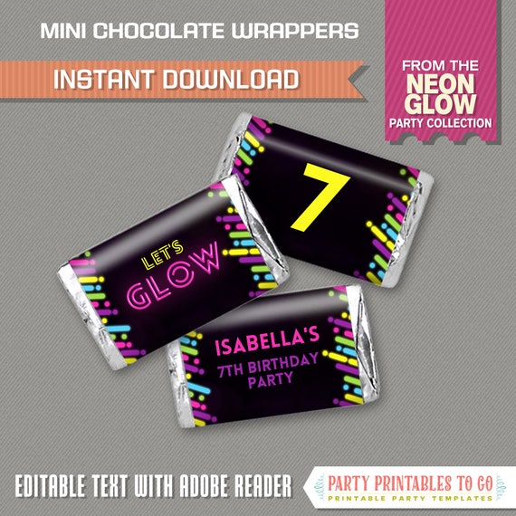 Neon Glow Party III Mini Chocolate Wrappers - Glow in the Dark Birthday - INSTANT DOWNLOAD - Edit and print at home with Adobe Reader Il_570xn