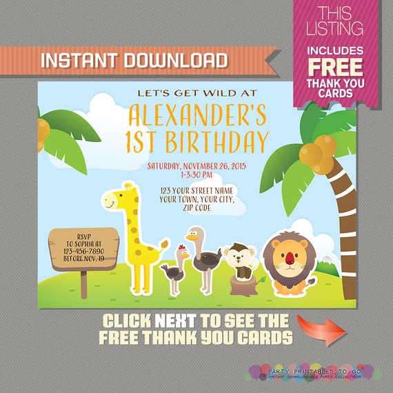 Safari Invitation with FREE Thank you Card! - Jungle Birthday - Safari Party - Edit and print at home with Adobe Reader Il_570xn