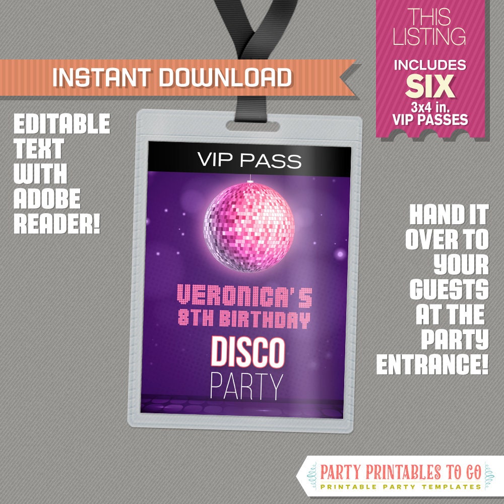 Disco Party Pass printable Insert (Purple) - Disco Birthday, Disco Party Vip Pass - Disco Dance Party - Edit and print with Adobe Reader DC