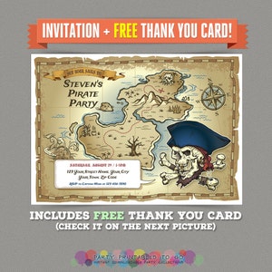 Pirate Map Birthday Party Printable Invitation with FREE Thank you Card Editable PDF files Print at home image 1
