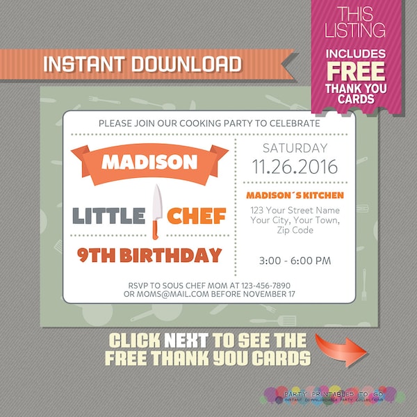 Little Chef Party Invitation with FREE Thank you Card! Little Chef Birthday Party - INSTANT DOWNLOAD - Edit and Print with Adobe Reader
