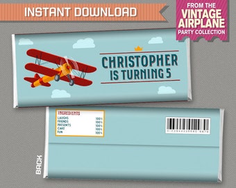 Vintage Airplane Party Chocolate Wrappers - INSTANT DOWNLOAD - Airplane Birthday - Edit and print at home with Adobe Reader