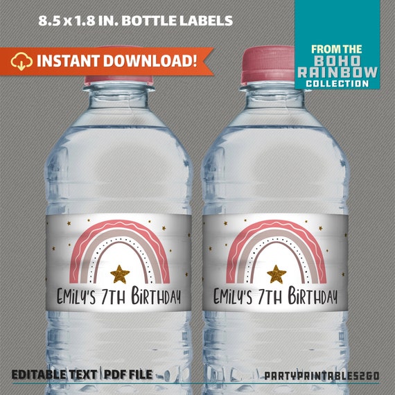 Boho Rainbow Party Bottle Labels or Napkin Rings - INSTANT DOWNLOAD - Modern Rainbow Birthday - Edit and Print at Home with Adobe Reader DC Il_570xn