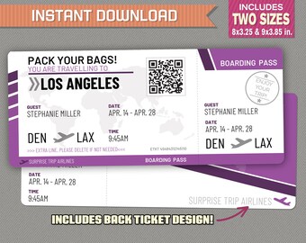Editable Airplane Boarding Pass (Purple) Surprise Trip Airline Ticket Flight Gift Voucher - Instant Download! - Edit and print at home