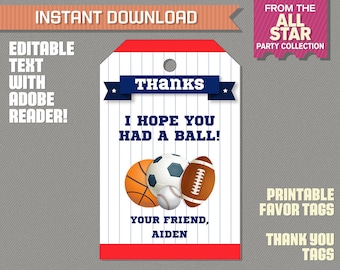 Sports Party Favor Tag / Sports Thank you Tag - All Star Birthday - All Star Party - INSTANT DOWNLOAD - Edit and print with Adobe Reader