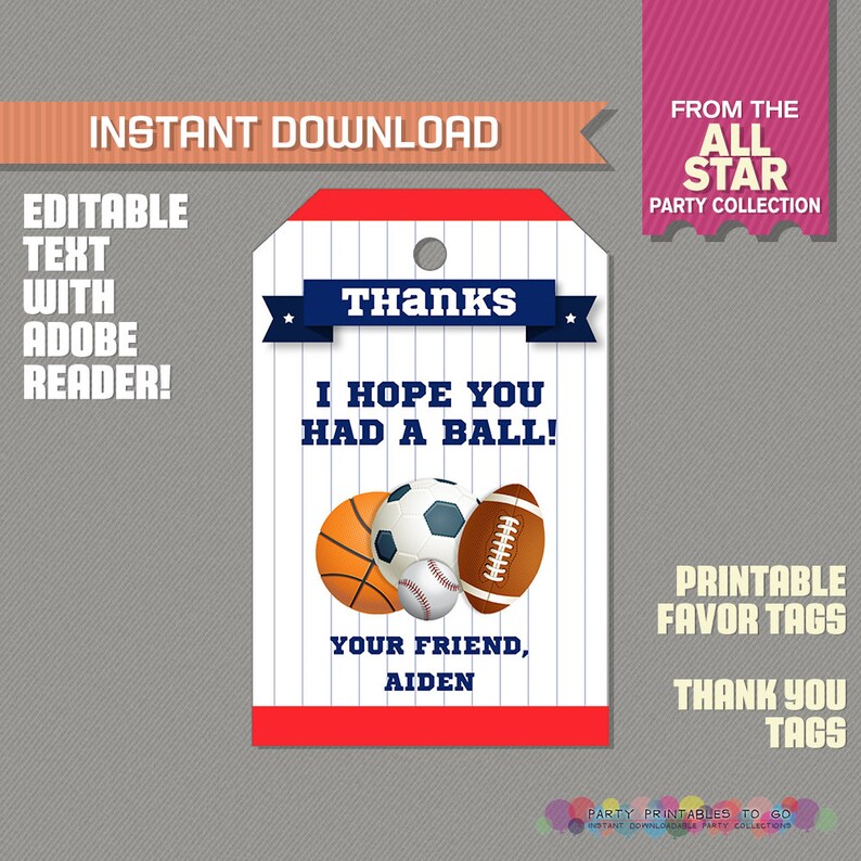 Sports Party Favor Tag / Sports Thank You Tag All Star Etsy