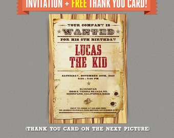 Cowboy Birthday Party Printable Invitation with FREE Thank you Card - Editable PDF files - Print at home