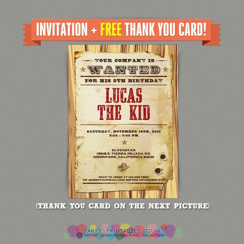 Editable PDF files Cowboy Birthday Party Printable Invitation with FREE Thank you Card Print at home