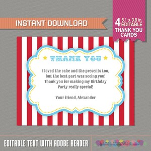 Tarjeta de agradecimiento del Carnaval del Circo - Fiesta del Circo - Cumpleaños del Carnaval - Descarga instantánea - Edite e imprima en casa usando Adobe Reader