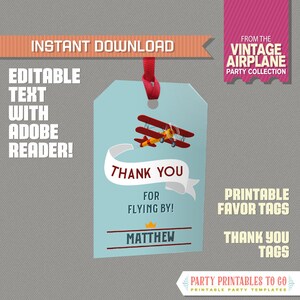 Airplane Party Favor Tags / Airplane Thank you Tags - INSTANT DOWNLOAD - Airplane Birthday - Edit and print at home with Adobe Reader