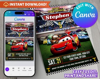 Cars Birthday Invitation - Lightning McQueen Invitation - Cars Party - Edit with with your Computer, Tablet or Phone with Canva