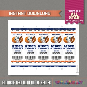 Sports Ticket Invitation with FREE Thank you Card Blue and Orange All Star Birthday Edit and print at home with Adobe Reader image 3