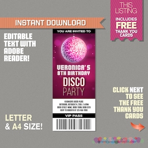Disco Party Ticket-uitnodiging met GRATIS bedankkaart! - Letter- en A4-formaat - Disco-uitnodiging, Disco-verjaardagsuitnodiging - Thuis bewerken