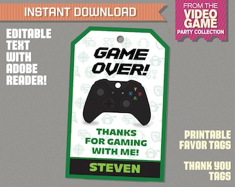 Video Game Favor Tag / Video Game Thank you Tag - (Green) INSTANT DOWNLOAD - Video Game Party - Edit and print with Adobe Reader