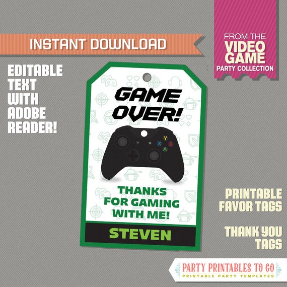 Video Game Favor Tag / Video Game Thank you Tag - (Green) INSTANT DOWNLOAD - Video Game Party - Edit and print with Adobe Reader Il_570xn