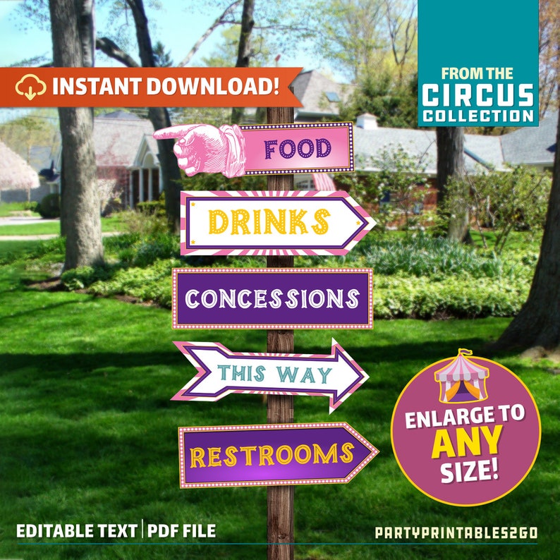 Circus Direction Arrows and Signs Enlarge to ANY size Instant Download Carnival Party Signs Circus Birthday Decor Edit at home image 1