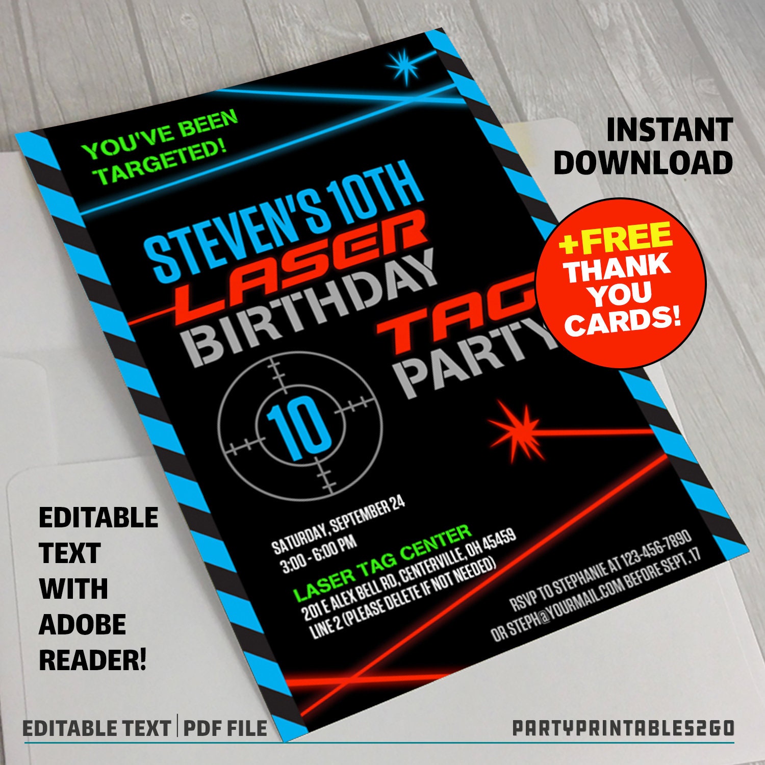 laser-tag-invitation-with-free-thank-you-card-blue-laser-tag-party-instant-download-edit-and-print-at-home-with-adobe-reader-etsy
