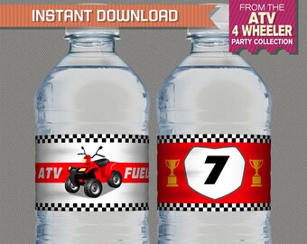 ATV Party Bottle Labels, 4 Wheeler Party Napkin Rings (Red) - INSTANT DOWLOAD - Atv Birthday - Edit and print at home with Adobe Reader