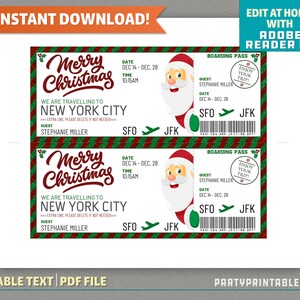 Surprise Trip Merry Christmas Boarding Pass Ticket Flight Gift Voucher Holiday Vacation Instant Download Edit and print at home image 3